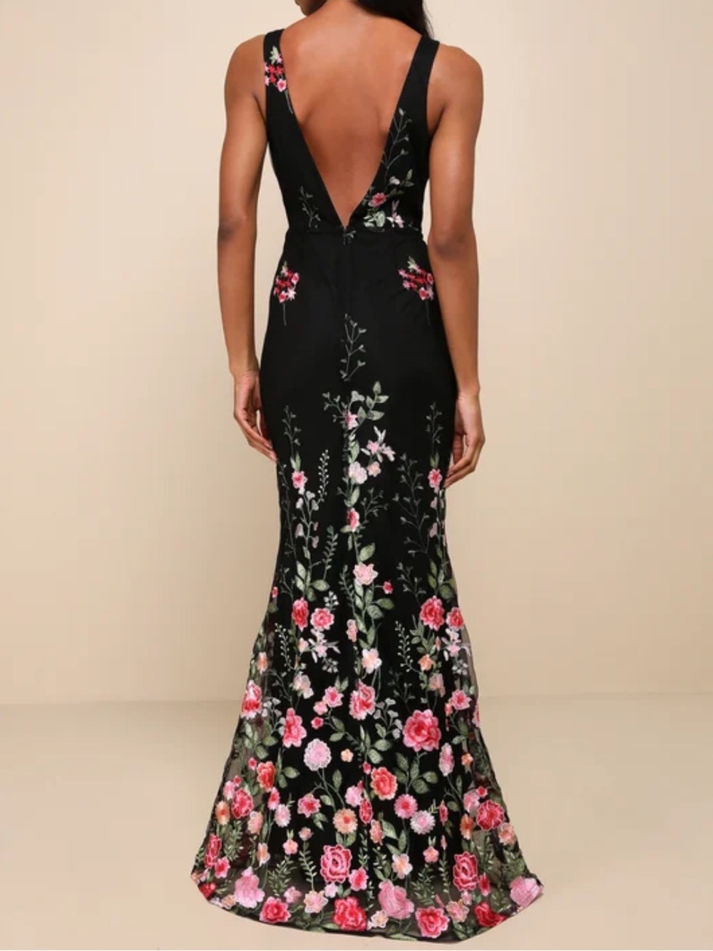 NWT-Soiree Blossom Black Floral Embroidered Mermaid Maxi Dress - Picture 2 of 16